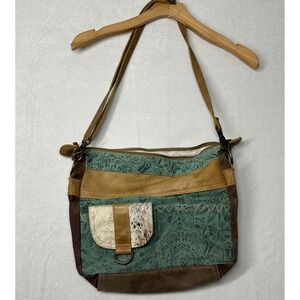 Myra Bag Crossbody Purse Canvas Leather Floral Applique Pocket Shoulder Bag